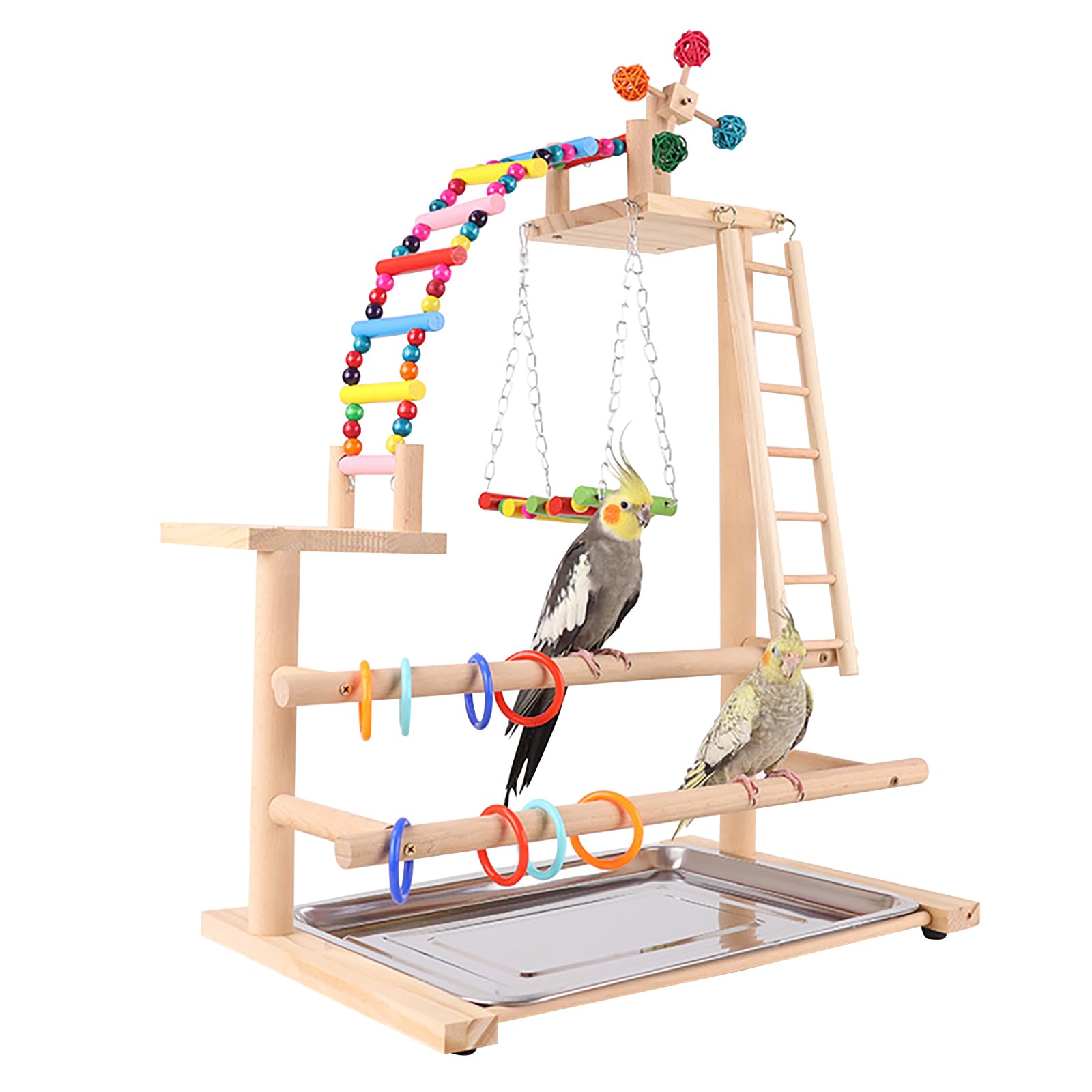 RoseFlower Wooden Bird Playground, Parrot Playstand with Perches, Ladder, Swing, Feeder Cups, Tray for Conure, Parakeets, Budgie, Cockatiels, Lovebirds
