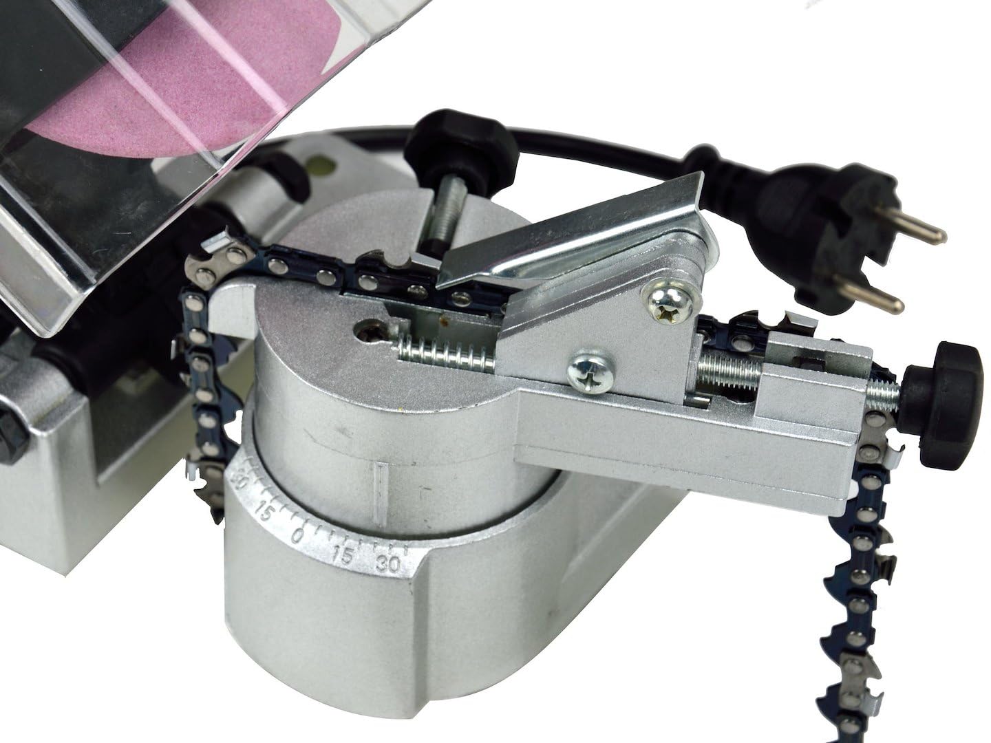 BSD Afilador Eléctrico de Cadenas 220W con Escala de Precisión y Disco Intercambiable para Motosierras, Ideal para un Afilado Efectivo y Rápido.