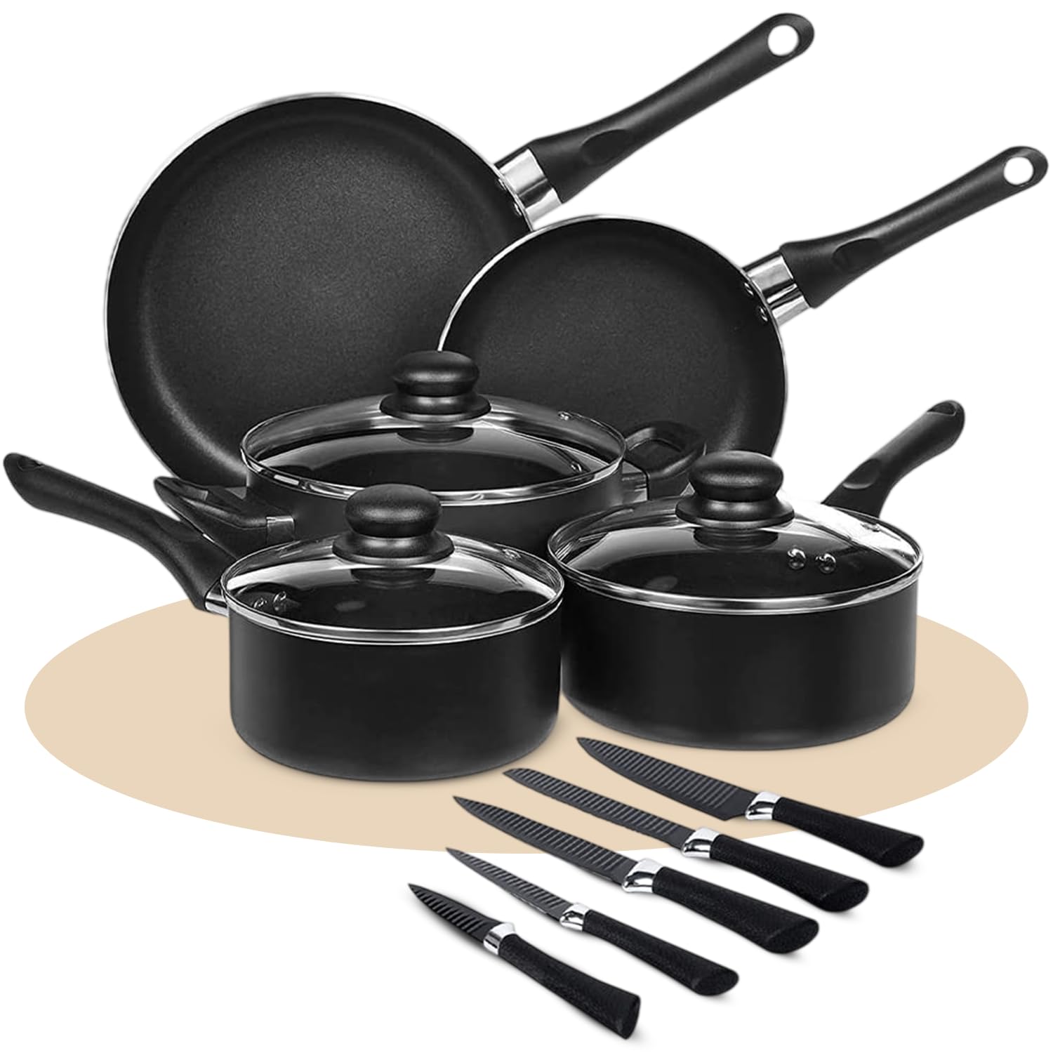 Bateria de Cocina de 8 Piezas. Juego de Ollas y Sartenes Completo: 2 Sartén 2 Cazo 1 Cacerola 3 Tapas de Cristal. Aluminio con Mangos de Baquelita, Incluye Set de 5 Cuchillos