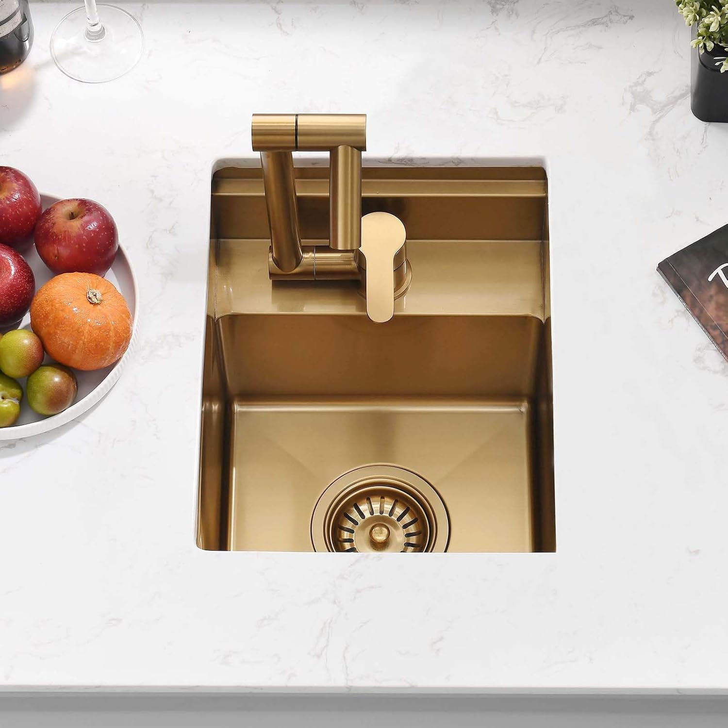 Gold Undermount Bar Sink,12×15 Small Kitchen Sink with Faucet 16 Gauge Stainless Steel Wet Bar Sinks Outdoor Single Bowl Deep Sinks