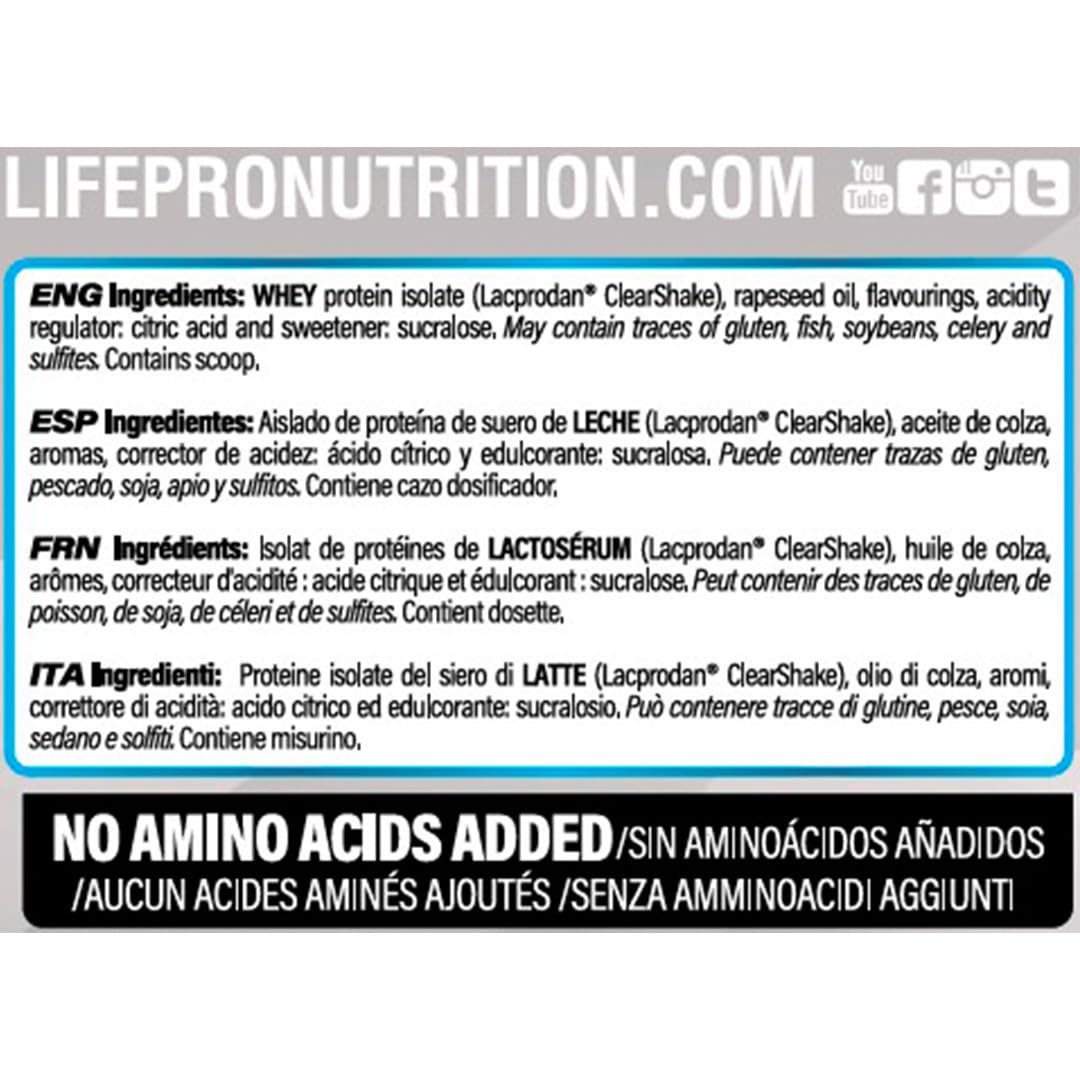 Life Pro Clear Isolate Zero 800 gr | Proteina Aislada de Suero de Textura muy Ligera y con un Aminograma muy Completo (ULTRA ENERGY)