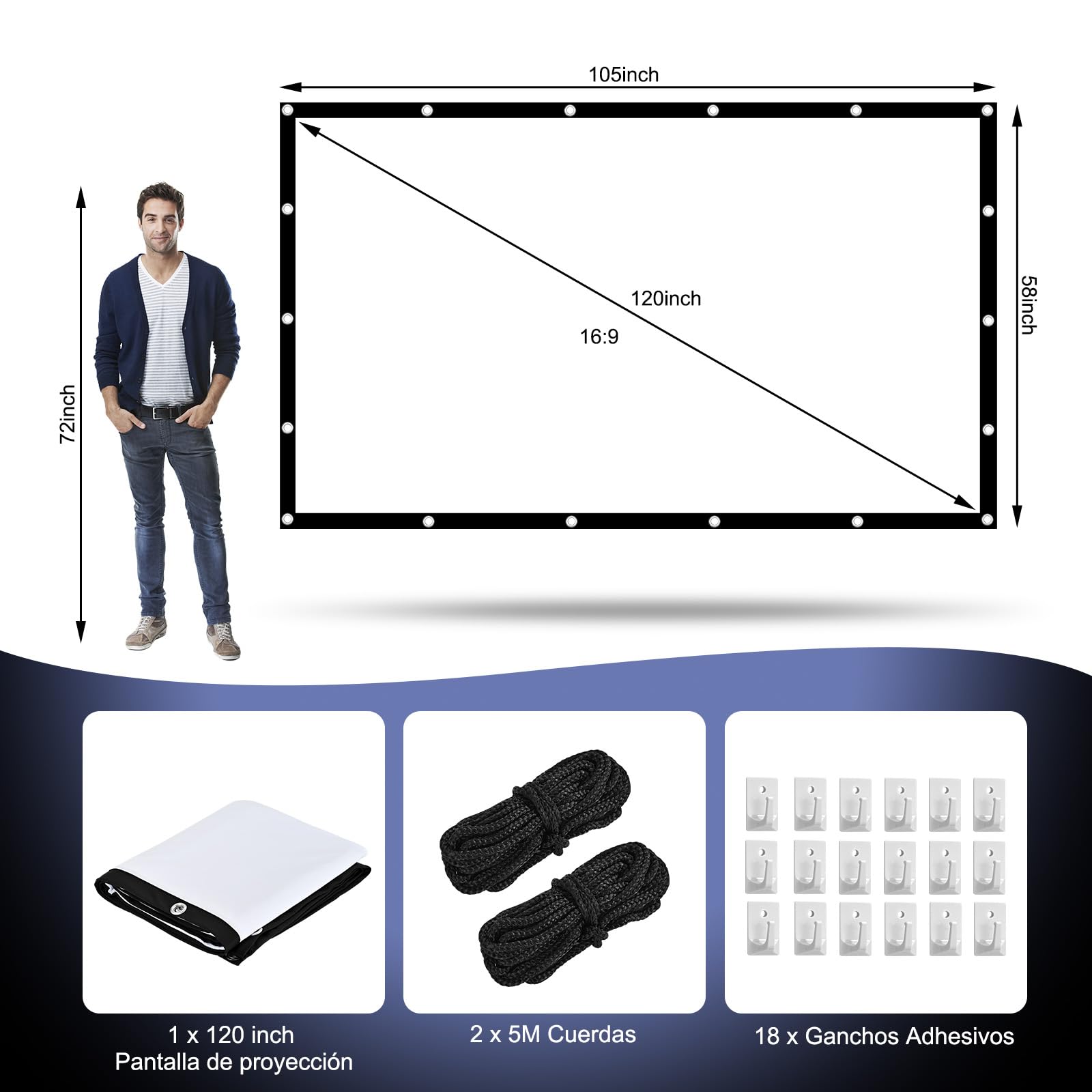 HOPFROG 100 Pulgadas Pantalla Proyector Portátil, Tela de Seda de Leche Lavable y Antiarrugas, 16:9 4K HD Doble Cara Plegable para Camping Exterior y Cine en Casa, Fácil Instalación con Ganchos