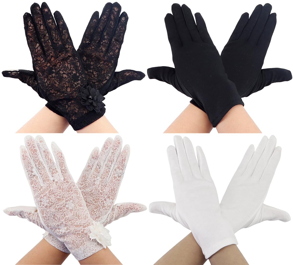 Coolwife Lace Gloves 4 Pairs Women Floral Ladies Bridal Tea Party Vintage Cosplay Fancy Dress Wedding Gloves (Black Black White White)