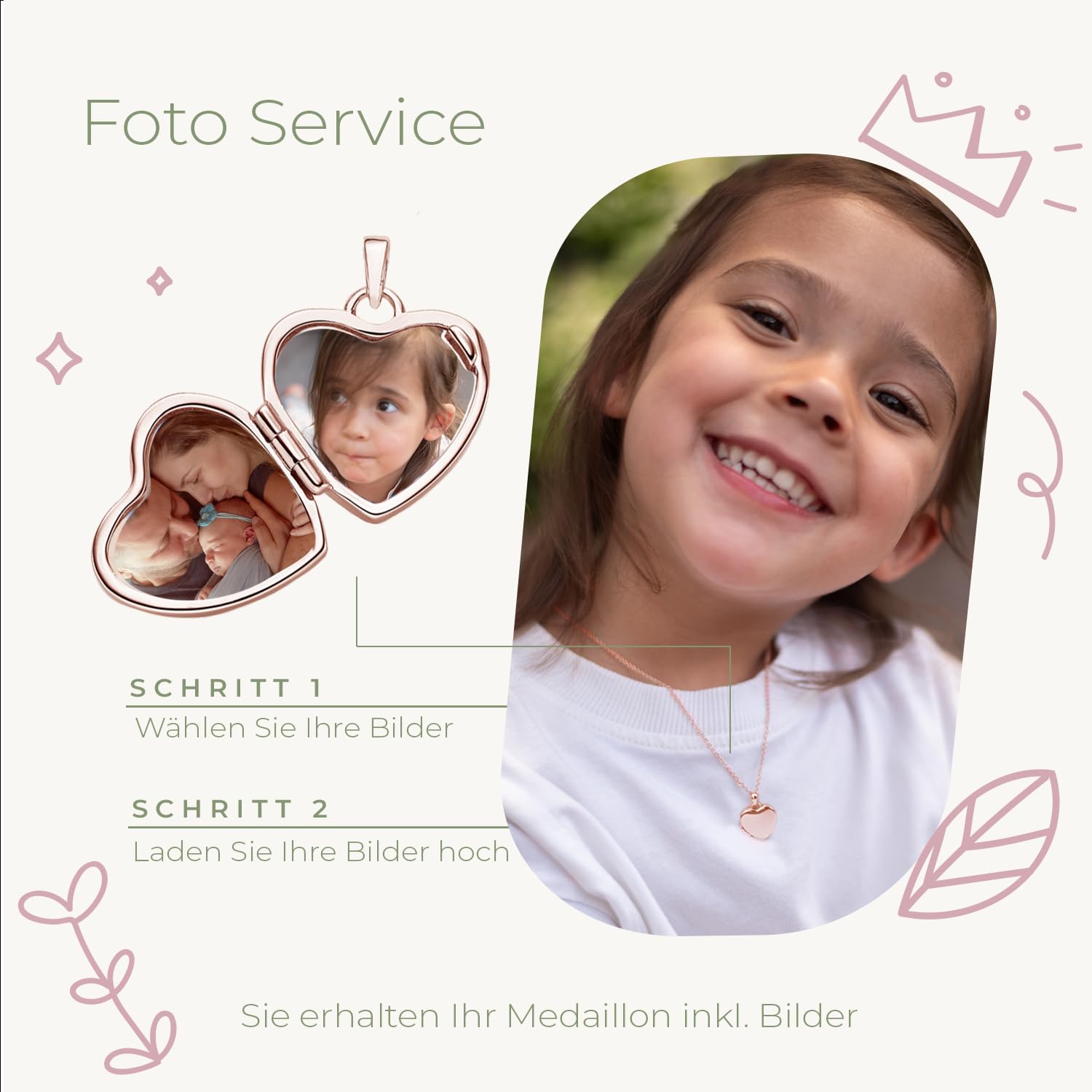 Kinder Medaillon Herz zum Öffnen für Bilder in Silber 925 und vergoldet | Gold / Rosegold, von AMOONIC, Halskette Mädchen Kette 38cm, Foto Upload Service & Gravur, Schmuck Geschenk für Kinder