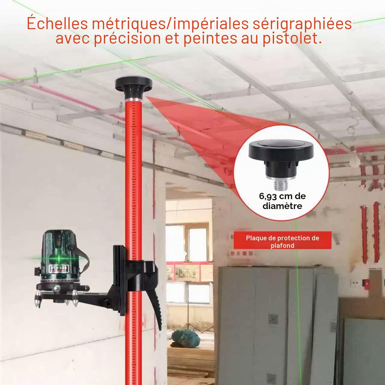 Poteau télescopique avec trépied, 12 pi/3,7 m Perche de niveau laser réglable, pour Laser Rotatif et Niveau Laser