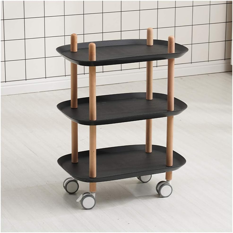 Dental Cart 3-Layer Beauty Trolley ABS Multifunctional Mobile Trolley Beech Wood Bracket Assembly e Storage Trolley with Brake Casters Easy to Clean (Black)