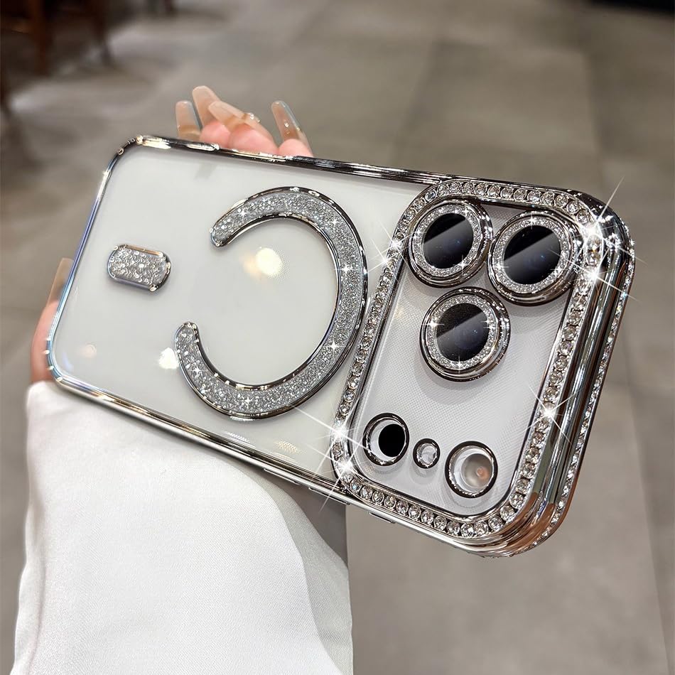 BHAAVYA COVER HUB Luxury Crystal Clear Magnetic Ring Case Compatible for iPhone 17 Pro Max, Bling Diamond Edge Cover with Sparkling Rhinestone Camera...