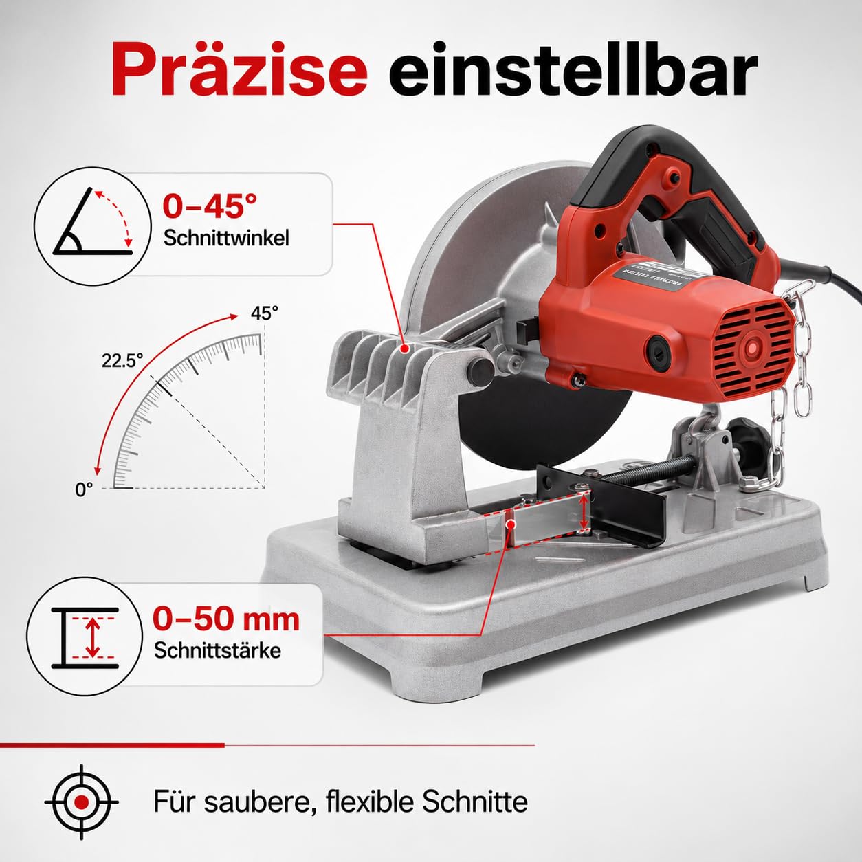 Piła ukośna, 1200 W, maszyna do cięcia metalu 5200 obr./min, brzeszczot 185 mm, kąt cięcia 0-45°, miedź/aluminium/nylon, do drewna i metalu, srebrny/czerwony/czarny
