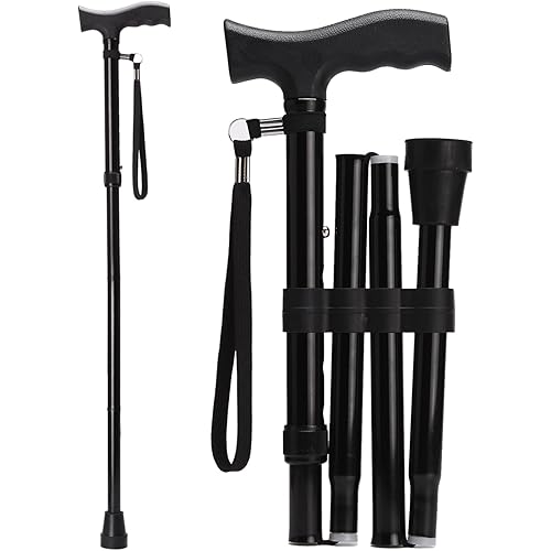 Kitchasy Foldable Walking Cane with 5-Level Adjustable Height，Collapsible Cane, Portable Hand Walking Stick, Balancing Mobility Aid, Lightweight and Sturdy Walking Stick with T Handles for Men, Women