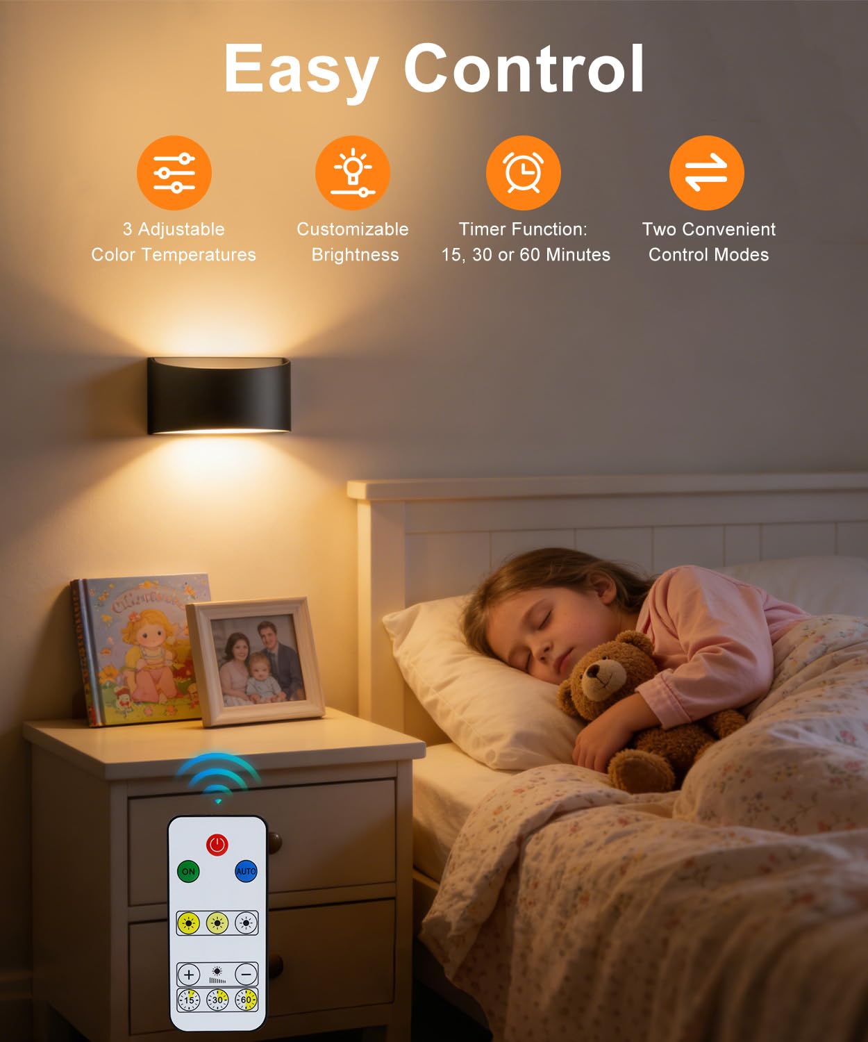 Applique Murale Intérieure avec Détecteur de Mouvement, Lot de 2, Applique Murale sans Fil 5000 mAh Rechargeable, 3 Températures, Télécommande 7 m, LED Murale Noire, Couloir Chambre Escalier
