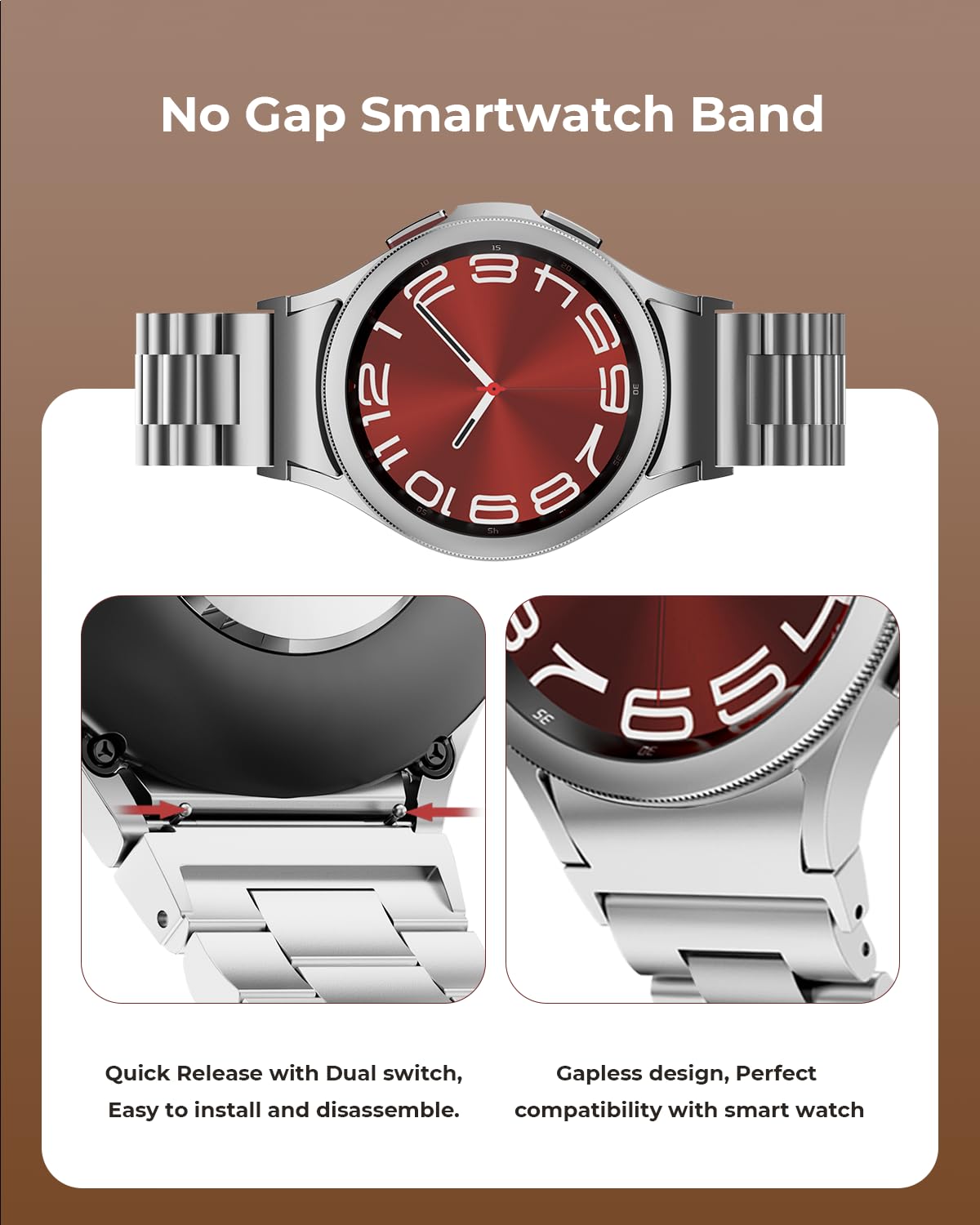 SUNDAREE Compatibile con Cinturino Samsung Galaxy Watch 6 4 Classic 47MM 46MM 43MM 42MM/5 Pro 45MM/6 5 4 44MM 40MM LTE, Argento No Gap Donna Uomo Metallo Acciaio Inox Orologio Cinturini Ricambio Band