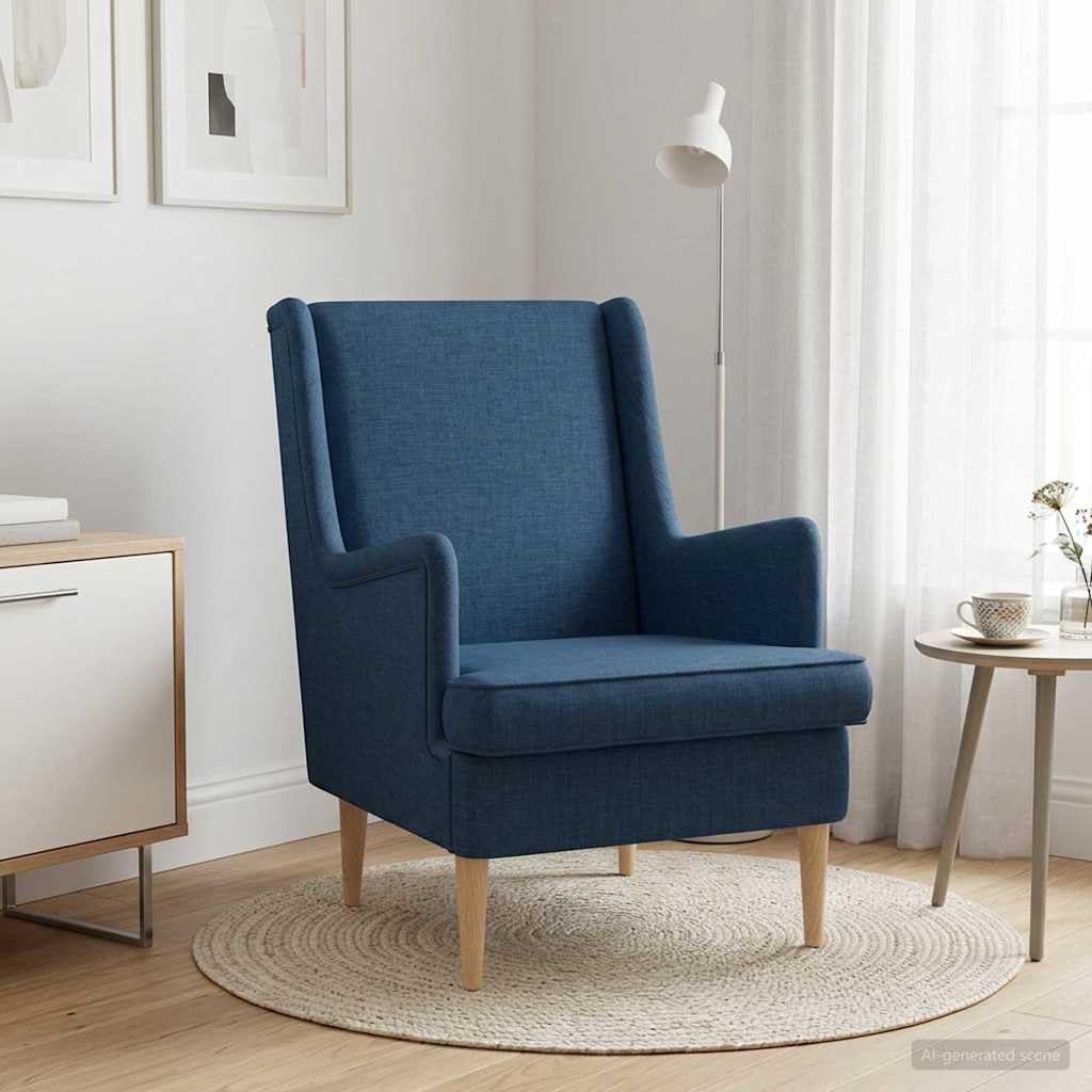 Sillón moderno de tela azul con marco de madera y metal, diseño ergonómico, giratorio y ajustable, ideal para salón, dormitorio u oficina, relajante y elegante