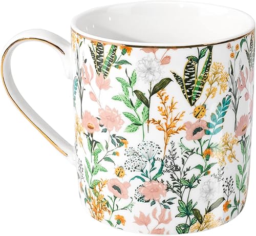 Miniatura 12 de WAVEYU Taza de cerámica para mujeres, linda taza de café y agua para vacaciones, diseño floral con asa para oficina en casa, taza decorativa de café