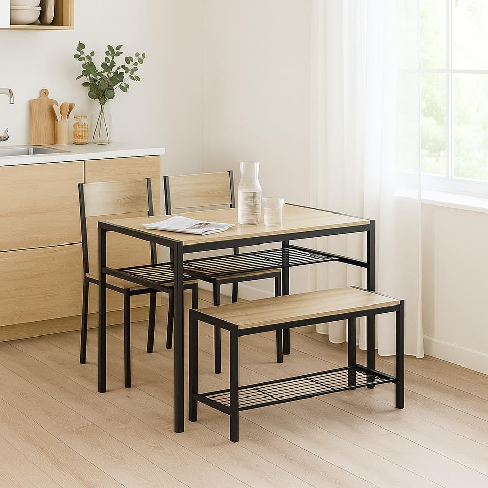 URBNLIVING 4-Piece Dining Set with Table, 2 Chairs & Bench Modern Kitchen Furniture with Sturdy Metal Frame and Wood-Look Finish Compact Design for Small Dining Rooms or Apartments
