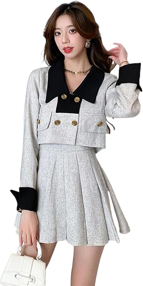 Amazon.com: Preppy Style Tweed Cropped Jacket Two Piece Set