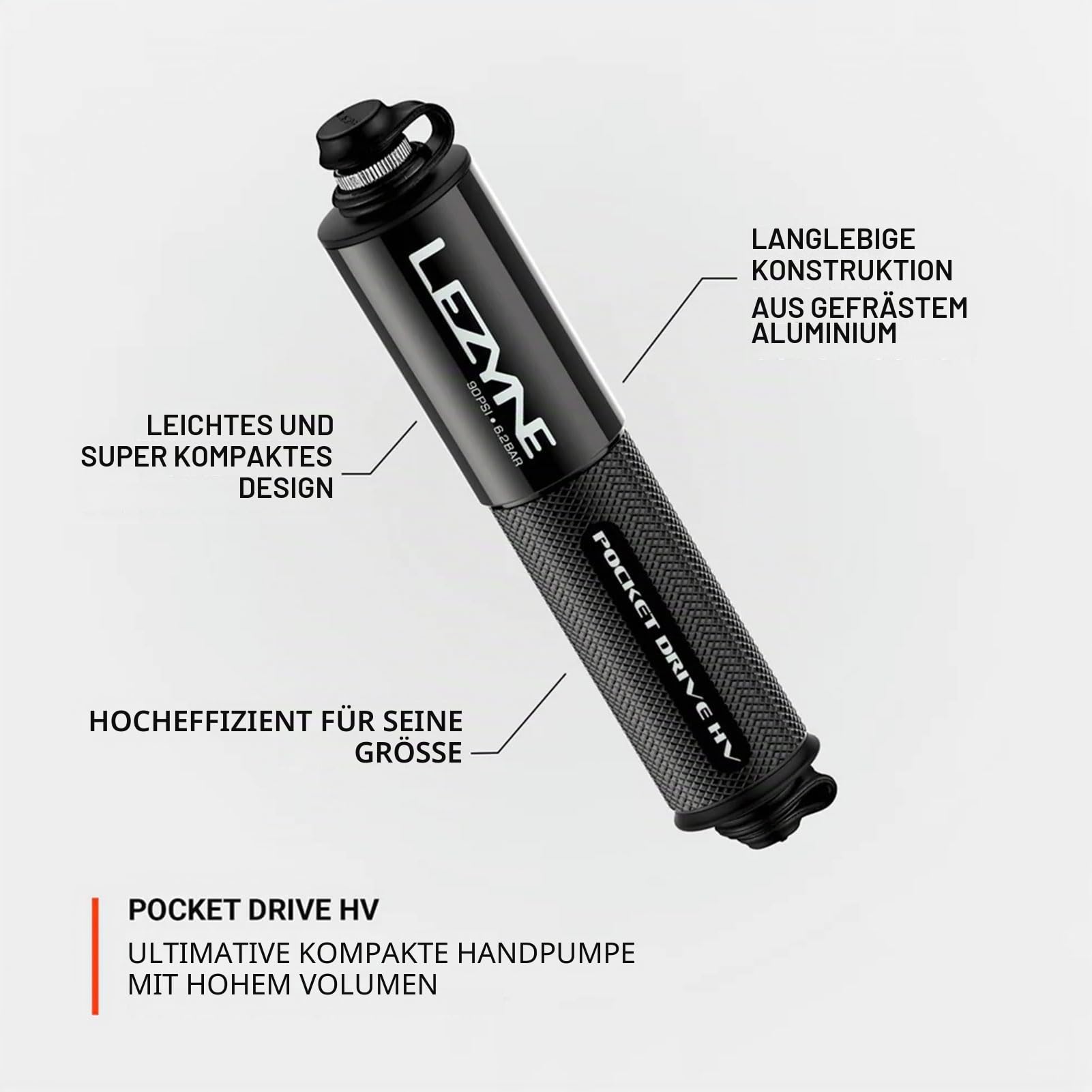 LEZYNE Pocket Drive HV Mini-Fahrrad-Handpumpe, hohes Volumen, 90 psi, Presta- und Scrhader-kompatibel, CNC-Aluminium, kompakt, Übergröße, tragbare Fahrradpumpe