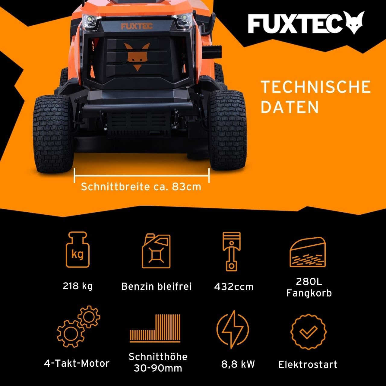 FUXTEC Rasentraktor FX-RMT84M, Aufsitzmäher mit 83cm Schnittbreite, 6-stufige Schnitthöhenverstellung, kraftvoller Benzinmotor, Grasfangkorb 280L, Rückwärtsmähfunktion