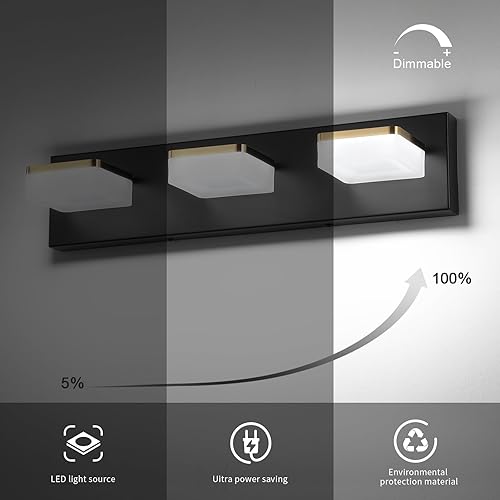Miniatura 7 de Lámpara de tocador de baño de 3 luces  Moderna lámpara de baño regulable negra y dorada para baño, 3 luces sobre espejo, apliques de pared LED, luz