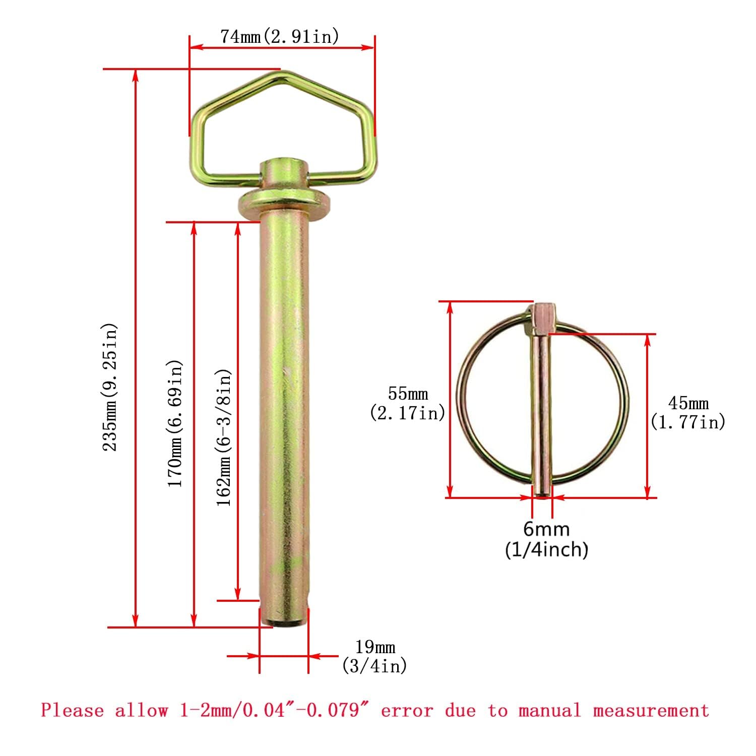 3/4" x 6-11/16" Tractor Hitch Pin with Linch Pin, Heavy Duty Zinc Plated Trailer Tow Pin, Square Handle Drawbar Pin for Farm Tractors, Trailers, Trucks, Lawn Mowers and Agricultural Equipment - 5 Pack
