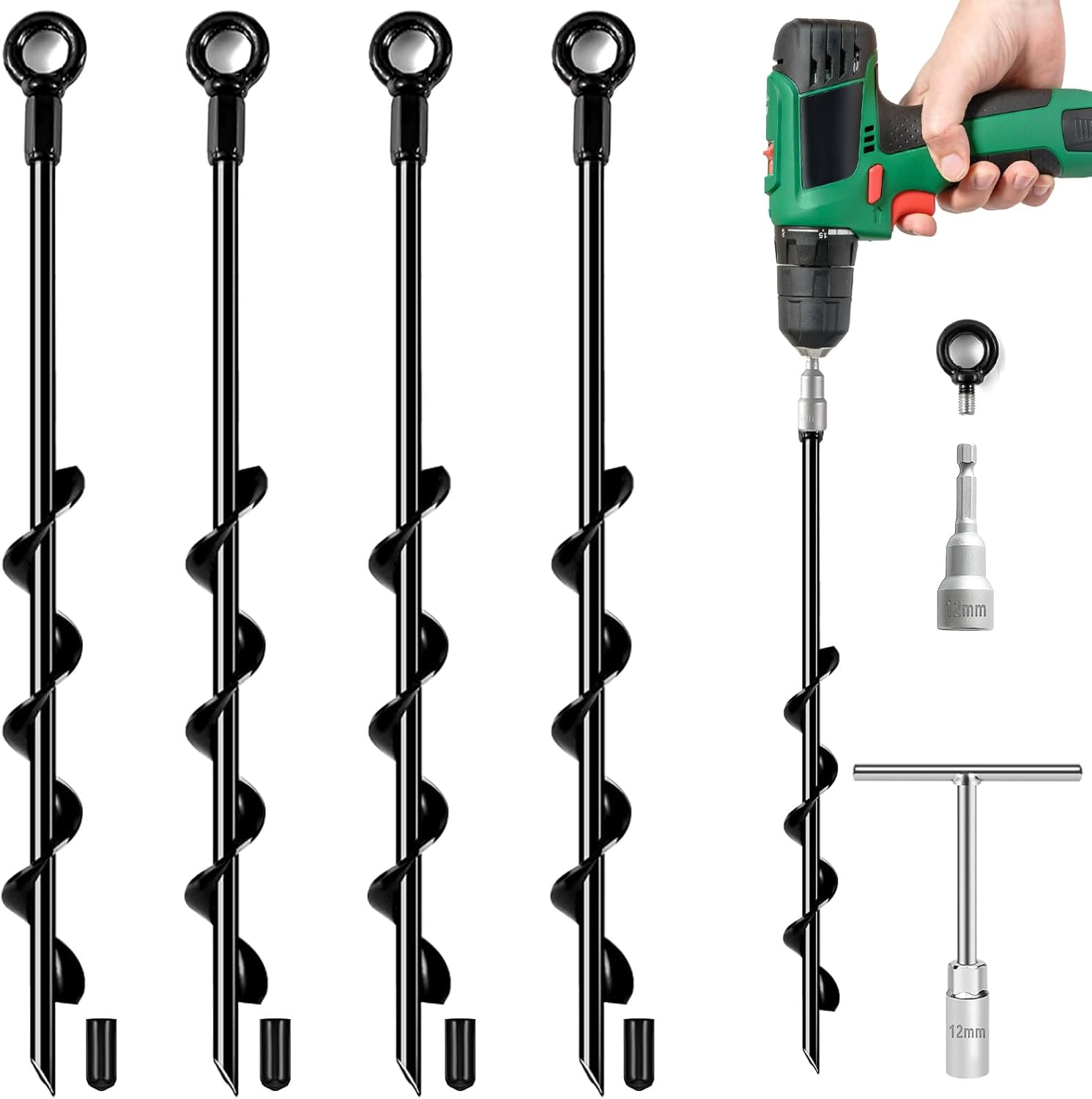 Ground Anchors Screw in, 18 Inch 4 Pack Spiral Swing Set Trampoline Earth Anchor Heavy Duty Metal Auger Stakes Kit for Shed Tent Tree Dog High Wind Carports Camping Mobile Home Greenhouse