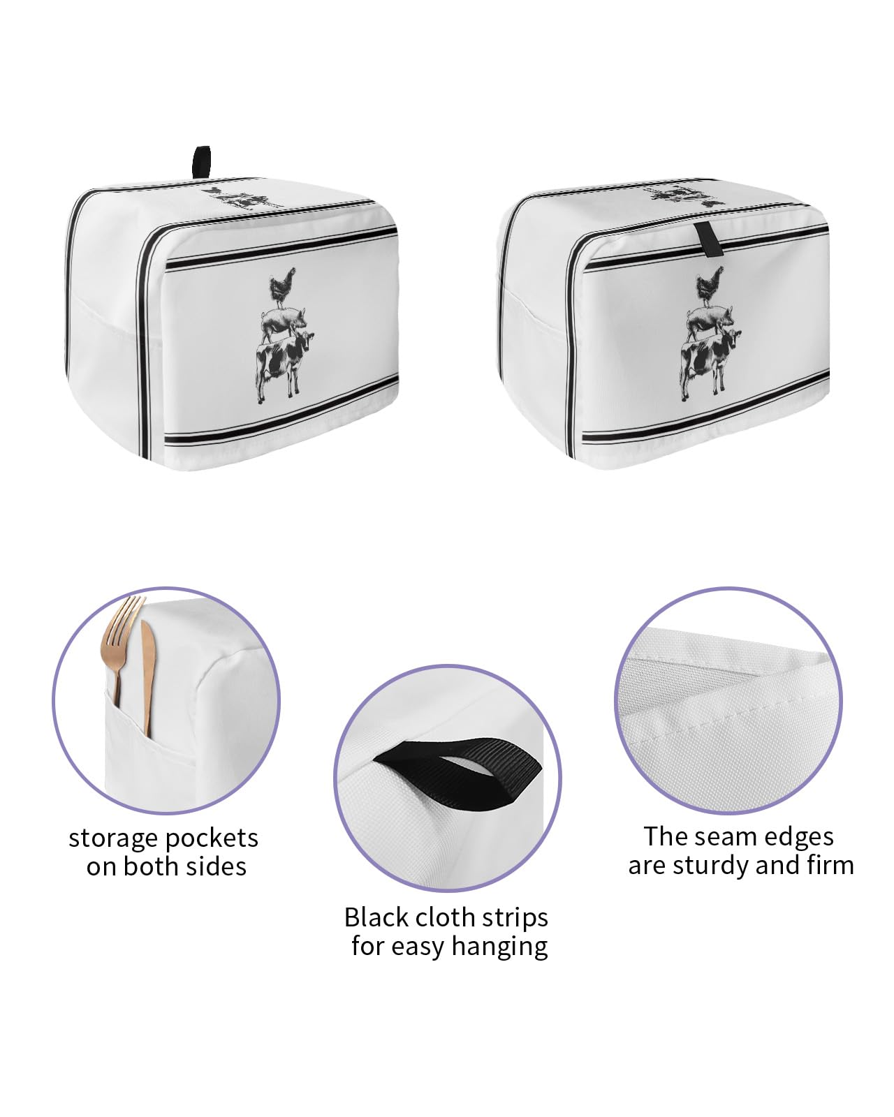 LaBLUUX Toaster Dust Cover with Pockets, Farmhouse Cow Pig Chicken Black White Stripes Pattern, Soft Washable 2 Slice Toaster Cover, Dust-proof, Stain-proof, Water Repellent, Polyester