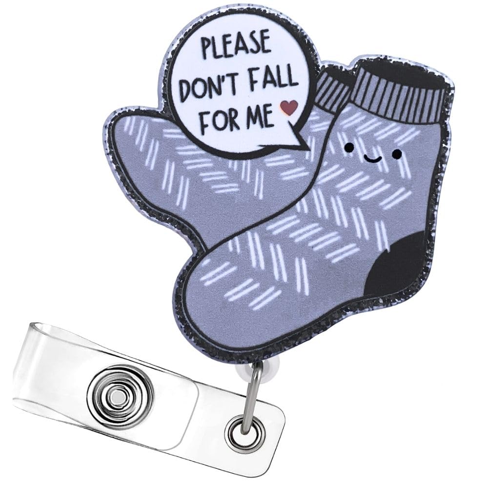 Don’t Fall for Me Badge Reel Holder Retractable with ID Clip for Nurse Nursing Name Tag Card Cute Funny Socks Accessories with Alligator Clip Medical Assistant Office Student Work Hospital (Grey)