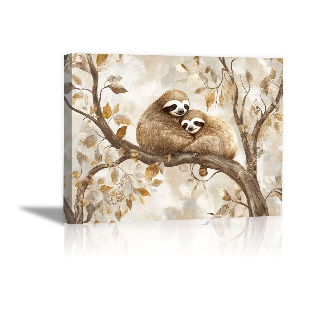 TERUEA Canvas Wall Art, Funny Painting Decor Hanger, Sloth Couple on Tree Branch Picture Large Creature Canvas Modern Wall Art Animals Pictures for Bedroom Living Room Office(Beige)-60x90cm Framed