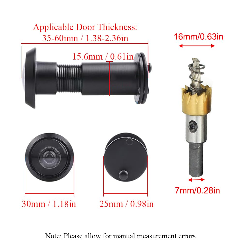 Spioncino in ottone con frangivista, grandangolare 220°, lenti ottiche in vetro, diametro 16 mm, spioncino in ottone con punta a foro con trapano, lunghezza regolabile per porte di 35-60 mm, bronzo