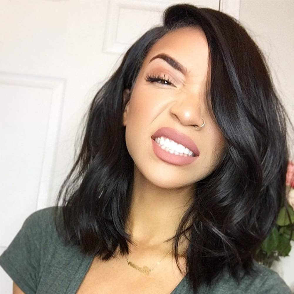 Short Bob Wavy Human Hair Wig 13x6 Lace Frontal Human Hair Wigs Pre Plucked Bleached Knots Glueless Wigs for Black Woman Natural Color 12 Inch