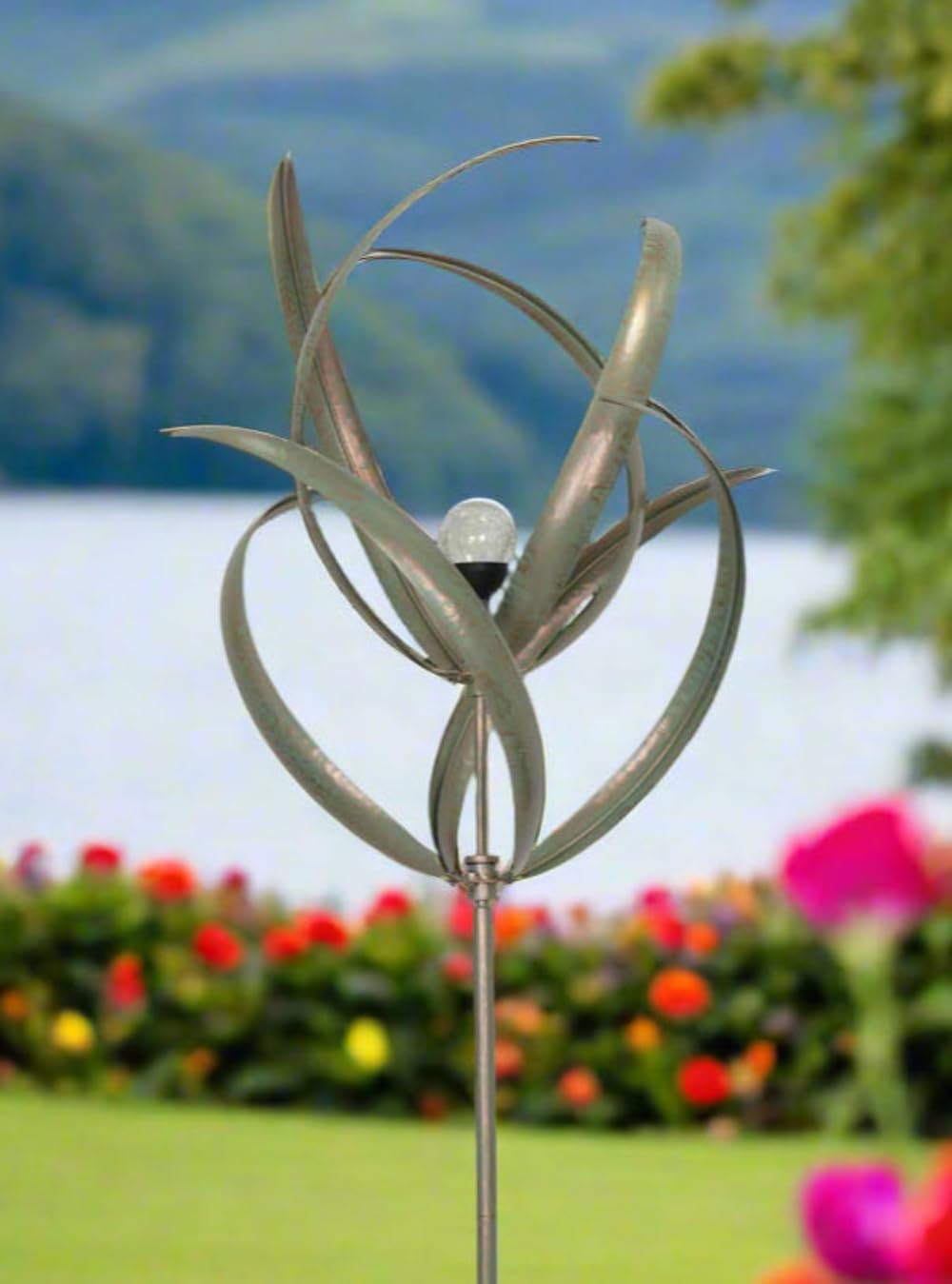 Garden Wind Sculpture Spinner, Metal Kinetic Sculpture with Glass Solar Bulb, Verdigris Green Finish, Outdoor Yard Art measuring 61 x 61 x 208cm