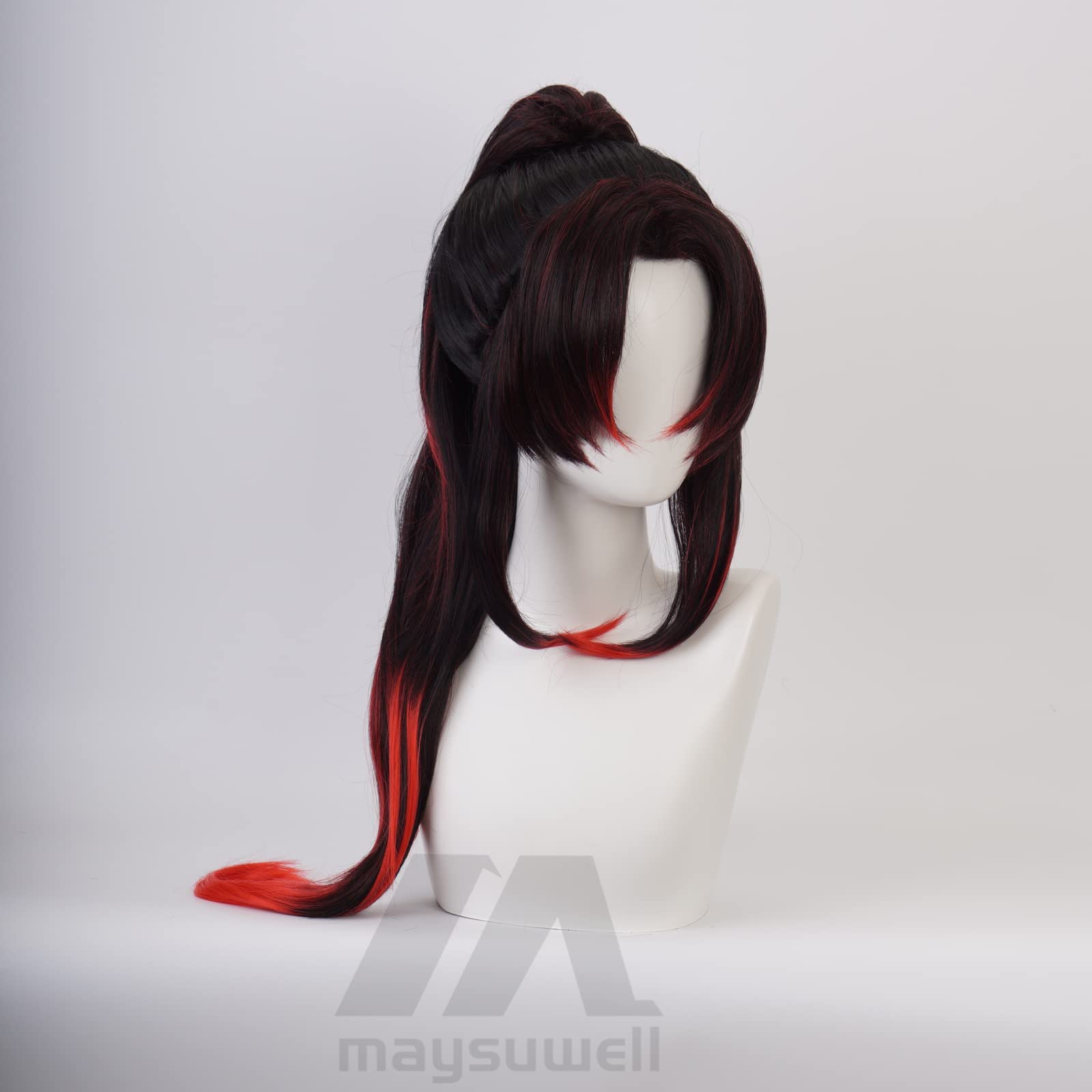 Black-Red Gradient Long Ponytail Hair for Men Women Halloween Cos Anime Party Heat Resistant Synthetic Fabric Costume Hair - Image 3