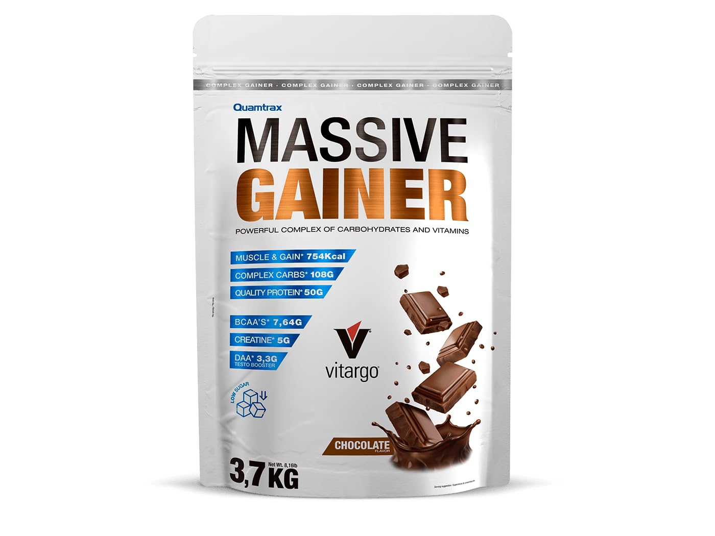 Quamtrax Nutrition - Massive Gainer Premium (Ganador de Masa Muscular) - 3,7 kg - Sabor Chocolate - Ganancia muscular, alto contenido calórico y recuperación