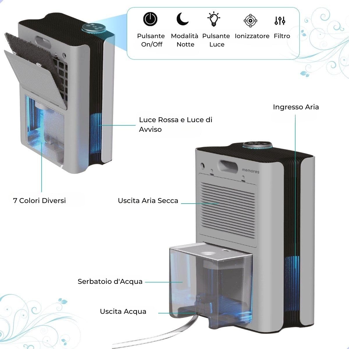 AG 330 Deumidificatore e Purificatore d'Aria Portatile con Filtro al Carbone, 1L/gg, Serbatoio 2,7L, per Ambienti fino a 35m², Luce LED 7 Colori