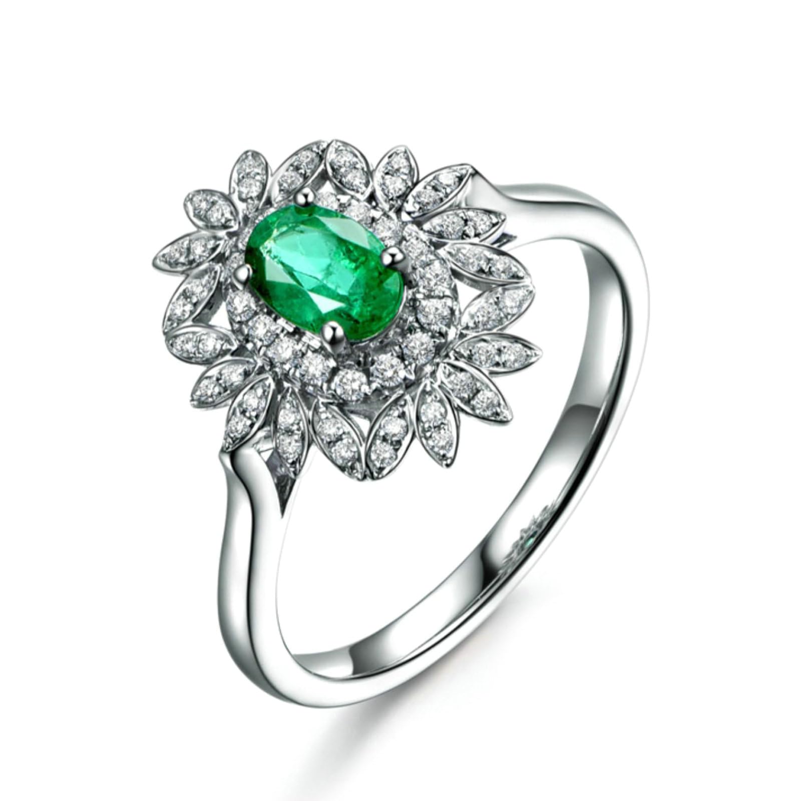 Anillo de compromiso para mujer de platino, anillos de promesa de boda, flores con esmeralda ovalada de 0,5 quilates y moissanita de 0,26 quilates, tamaño H 1/2-V 1/2