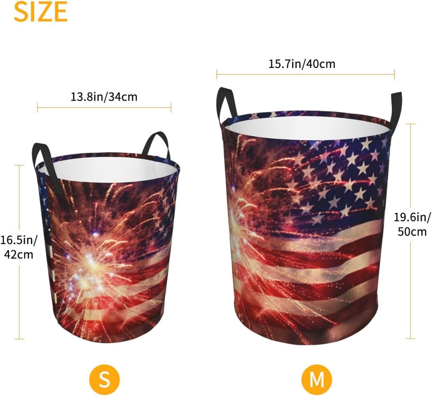 Fireworks American Flag Laundry Basket With Handles, Foldable Laundry Hamper Oxford Cloth Dirty Clothes Basket Waterproof Clothes Toys Storage Bin Organizer for Bedroom Bathroom Dorm