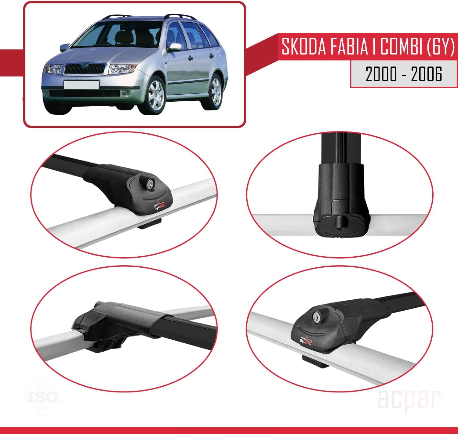 Compatible with Skoda Fabia (6Y) SW 2000-2006 ACE-1 Car Roof Rack Cross Bar Black Aluminium 2 Bars