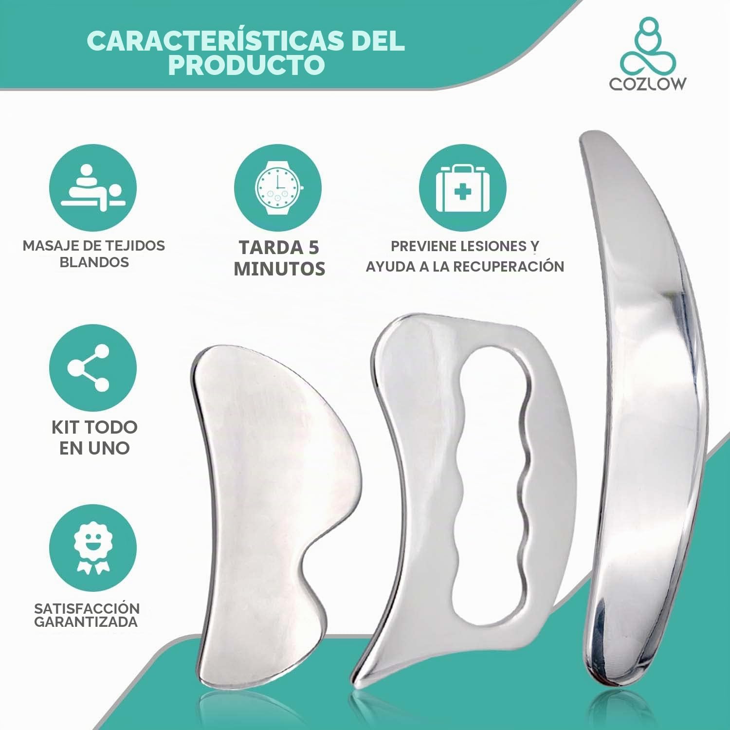 Cozlow - Juego de raspadores musculares 3 en 1 de acero inoxidable - Herramientas de masaje corporal para terapia IASTM - Masajeador Gua Sha de tejido profundo