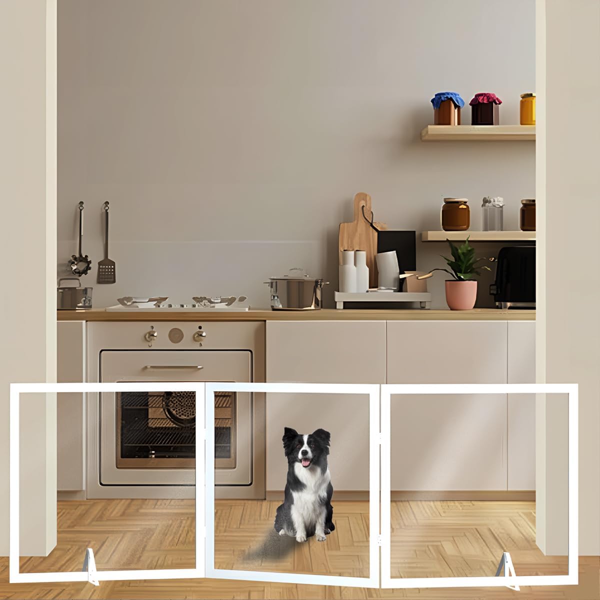 Freestanding Foldable Dog Gate Transparent Wooden White Indoor Puppy Gate 24" Square 3 Panels Stairs Dog Gates Doorways Pet Gate