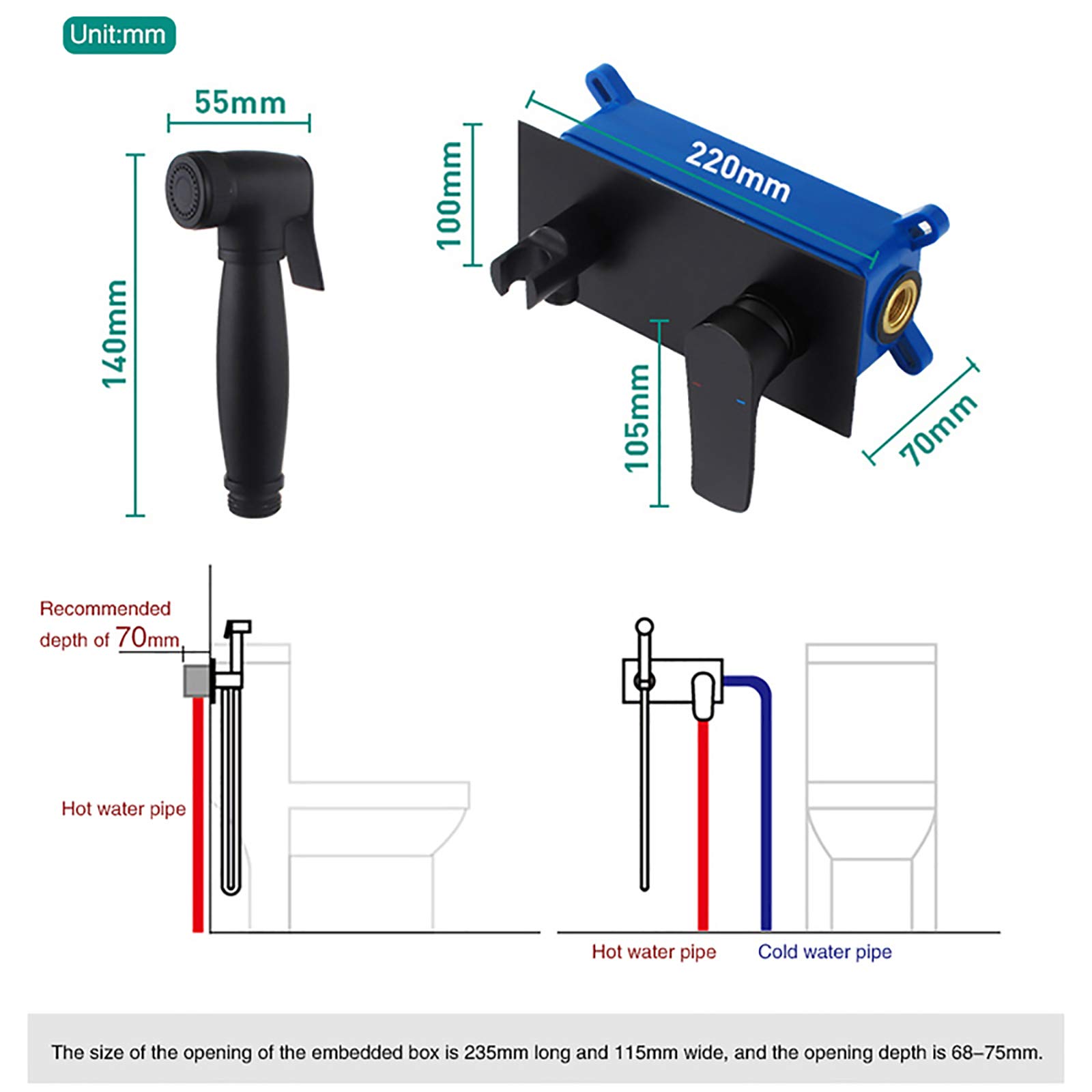 Spruzzatore portatile per bidet per WC con acqua fredda e calda, set di spruzzatori per pannolini da bagno nero opaco in ottone a parete per WC bidet kit per il bagno degli animali domestici