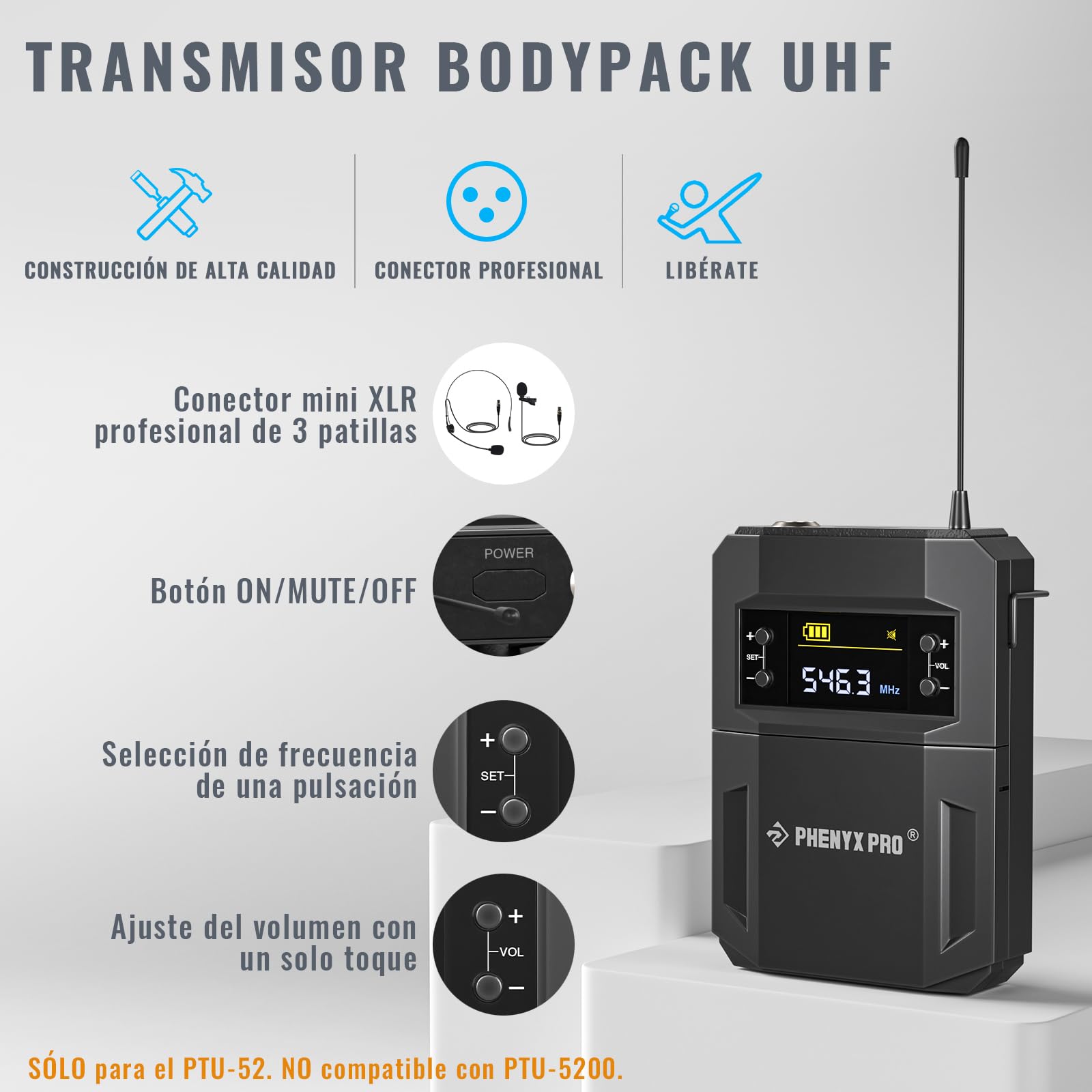 Phenyx Pro Sistema de Micrófono Inalámbrico de Metal, con Micrófonos de Mano/Bodypack/Auriculares/Lapel, 2x30 Frecuencias UHF, Alcance de 200 pies, para Cantar, Karaoke, Iglesia (PTU-52-1H1B)