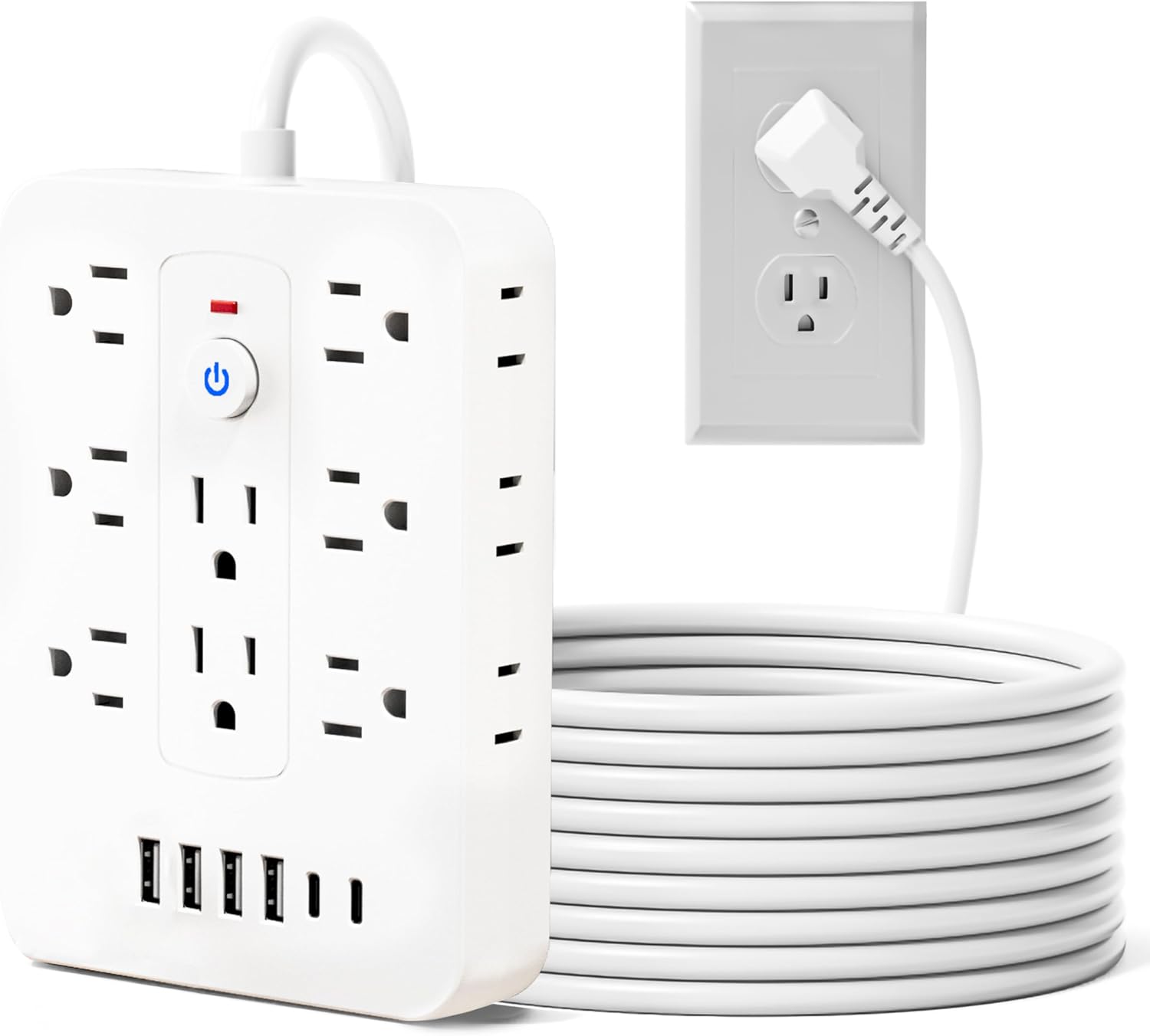 20-in-1 Power Strip with Overload Protection, Short Cord,5FT and 10FT, Black/White Color Options, 14 Standard US Sockets, 4 USB Ports, 2 Type-C Ports (White, 5FT)