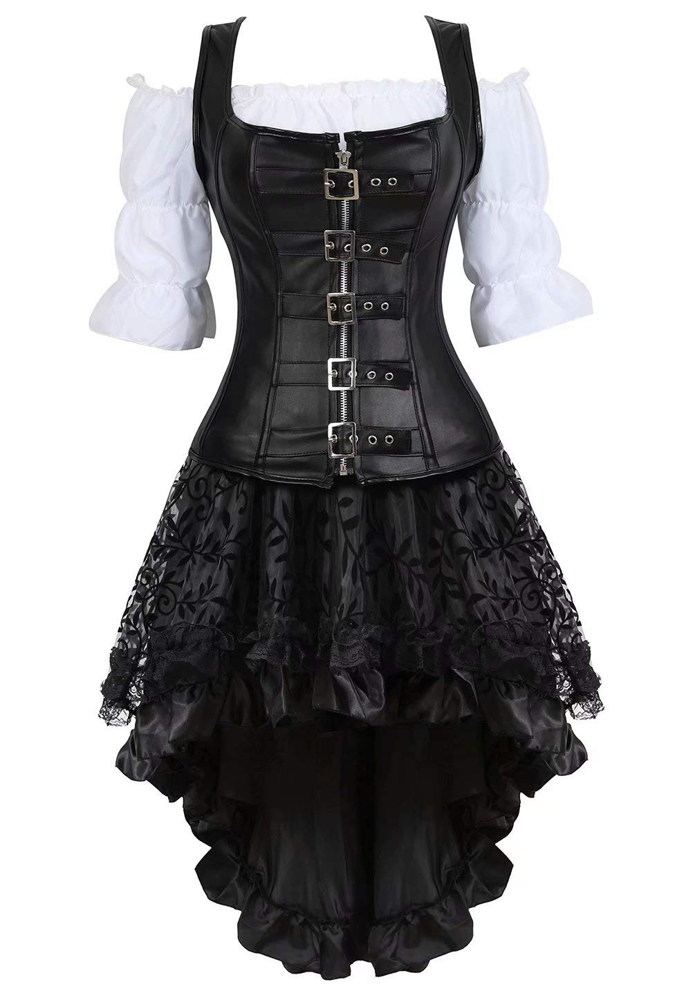 Cuir Steampunk Corset Bustiers Et Robe Jupe Und Chemisier 3 Set Punk Rave FÊTe Pirate