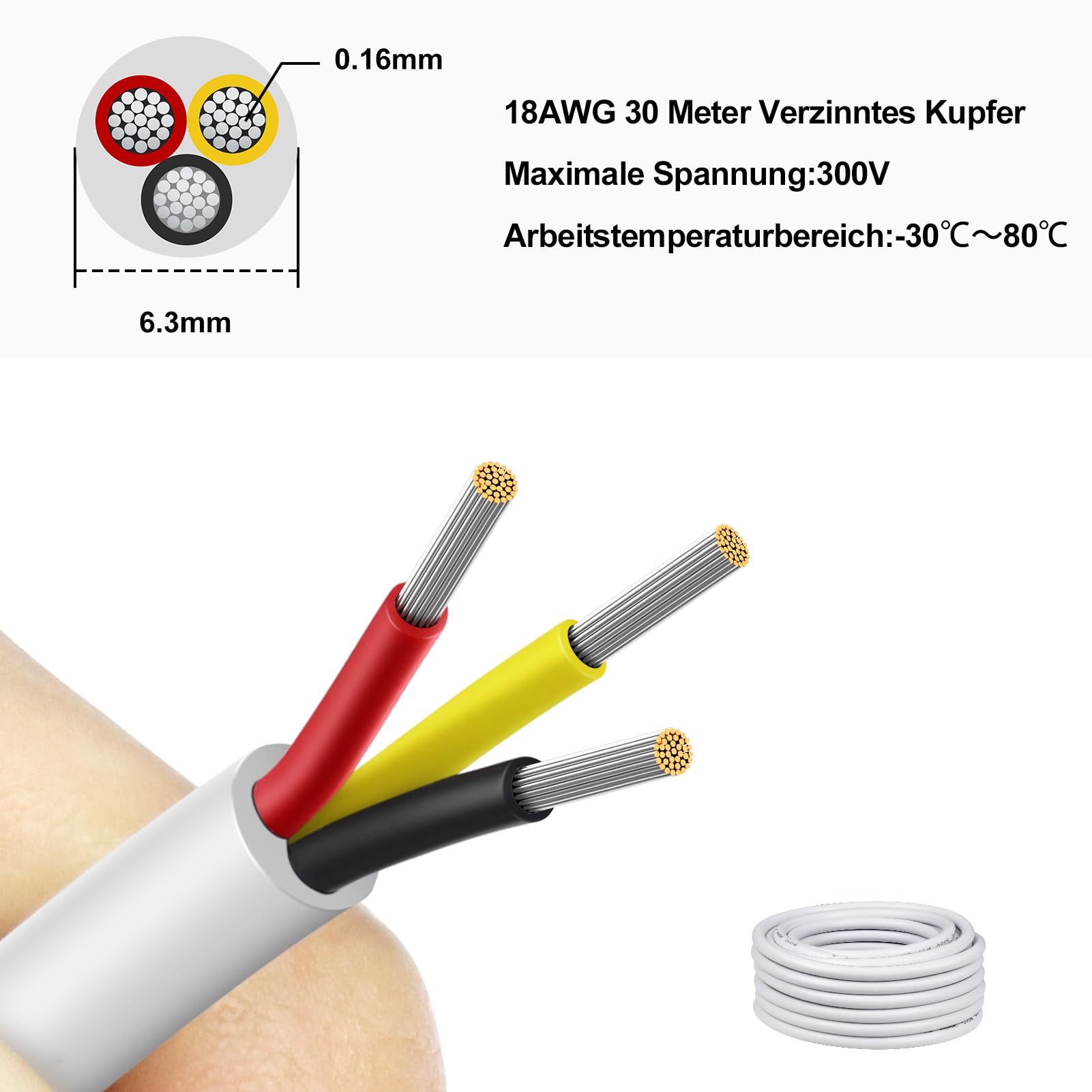 Cable Eléctrico 18 AWG 3x0,75mm² de 30 Metros, Blanco Cable Flexible de 3 Hilos de Cobre Estañado para 5V/12V/24V Blanco, Resistente a Altas Temperaturas, para LED, Automoción y Electrónica