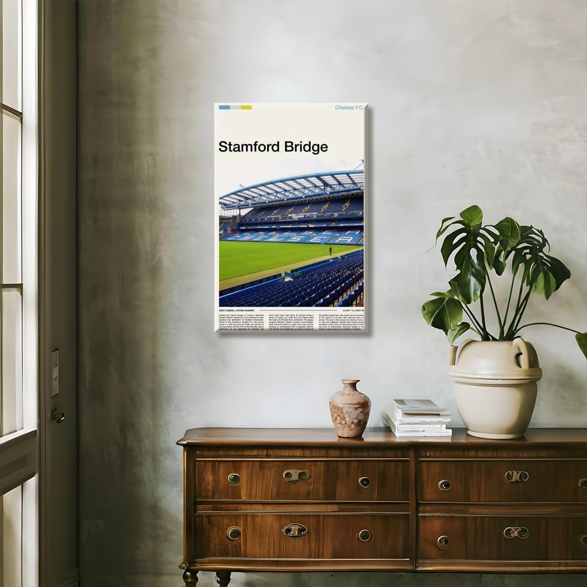 Trendy Football Fan Wall Art Stamford Bridge Stadium Canvas Prints Poster with Coordinates 51.4817°N 0.1910°W Vintage Wall Decor for Office Teen Bedroom1 Unframed20x30inch