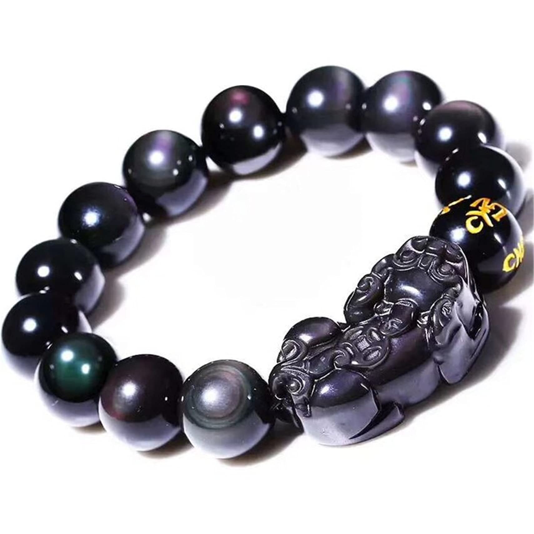 Nzpost Women's Black_14mm Black Obsidian Bracelet, Wealth Six Words Adjustable Elastic Bead Ward Off Evil Spirits For M