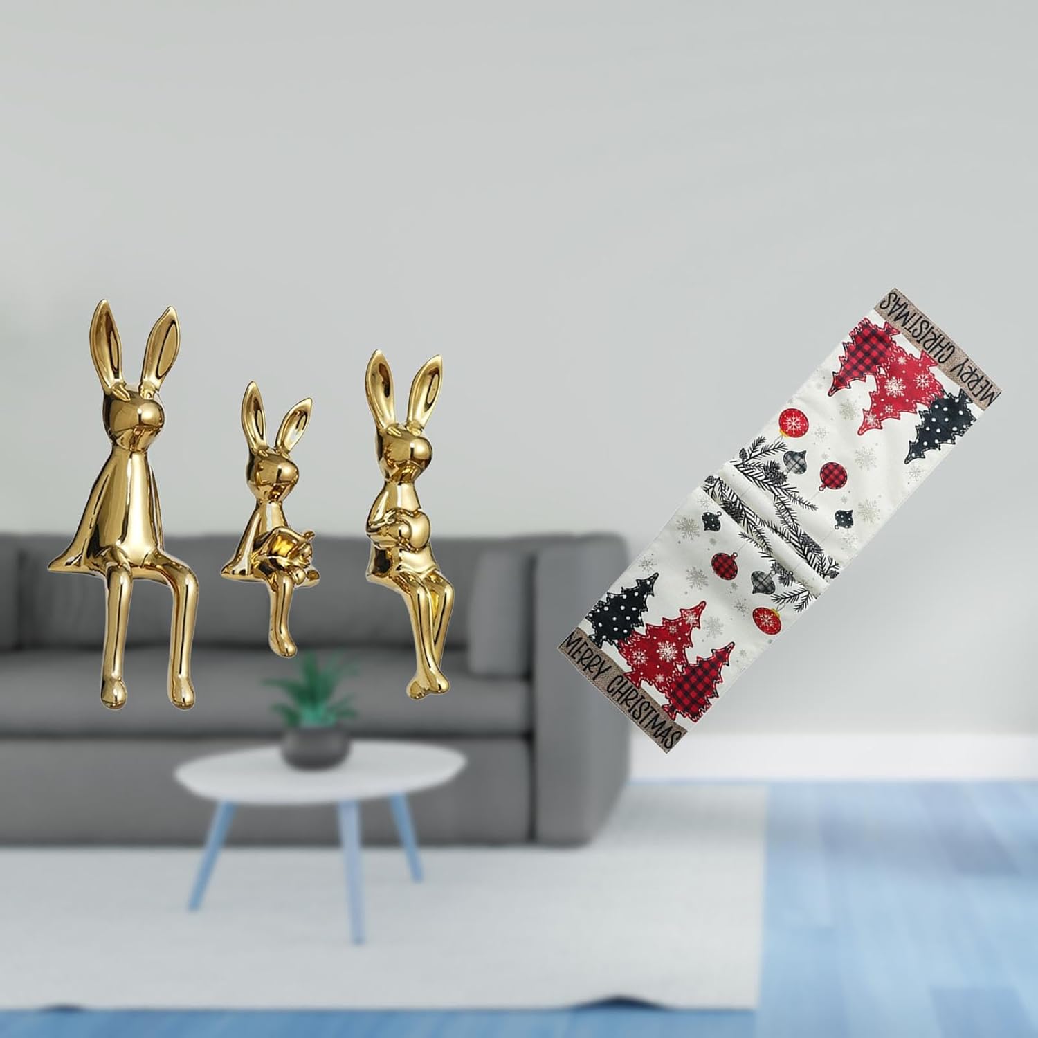 Fenteer Figurine Sculpture Sitting Statue Ornament Bunny Miniature Christmas Table Runner Ceramic Polyester Suitable for Gift Giving Home Decoration Office Li