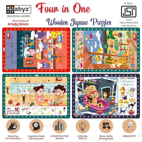 Image of ABYZ Wooden Jigsaw Puzzle - Cats and Mummy, Giraffe's Life, Cats in Kitchen, Kid's Mealtime, Playset for Little Explorers, 63 pcs - Pack of 4 | Birthday Gift for (3 Plus Years) Age Kids.
