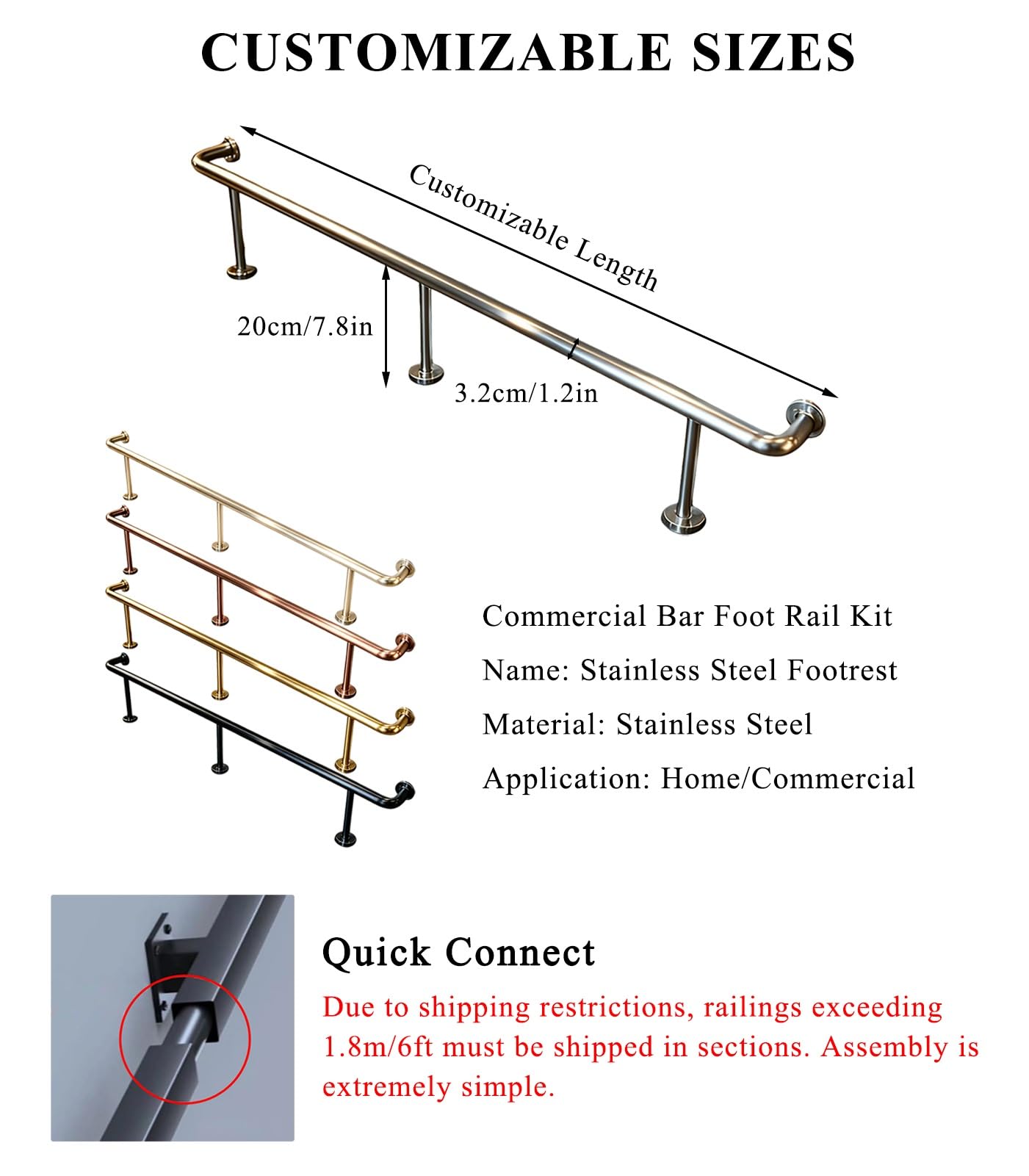 Kit De Riel De Pie para Barra De 3,28~16,4 Pies, Reposapiés De Barra Resistente para Restaurante, Cocina, Cafetería, Escritorio De Recepción(Gold,1.2M/3.94FT)