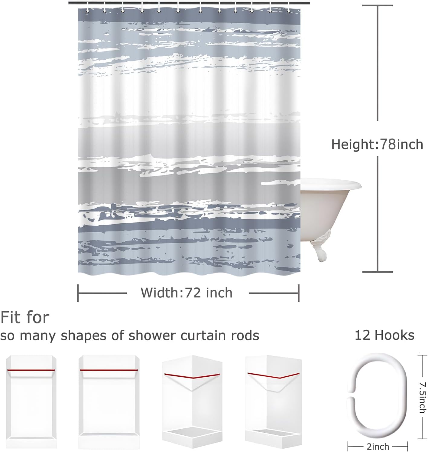 Abstract Striped Shower Curtain, Blue White Gray Aesthetic Minimalist Art Modern Fabric Showers Crtains Set for Bathroom Decor, Washable Waterproof with Hooks 72x78 Inch