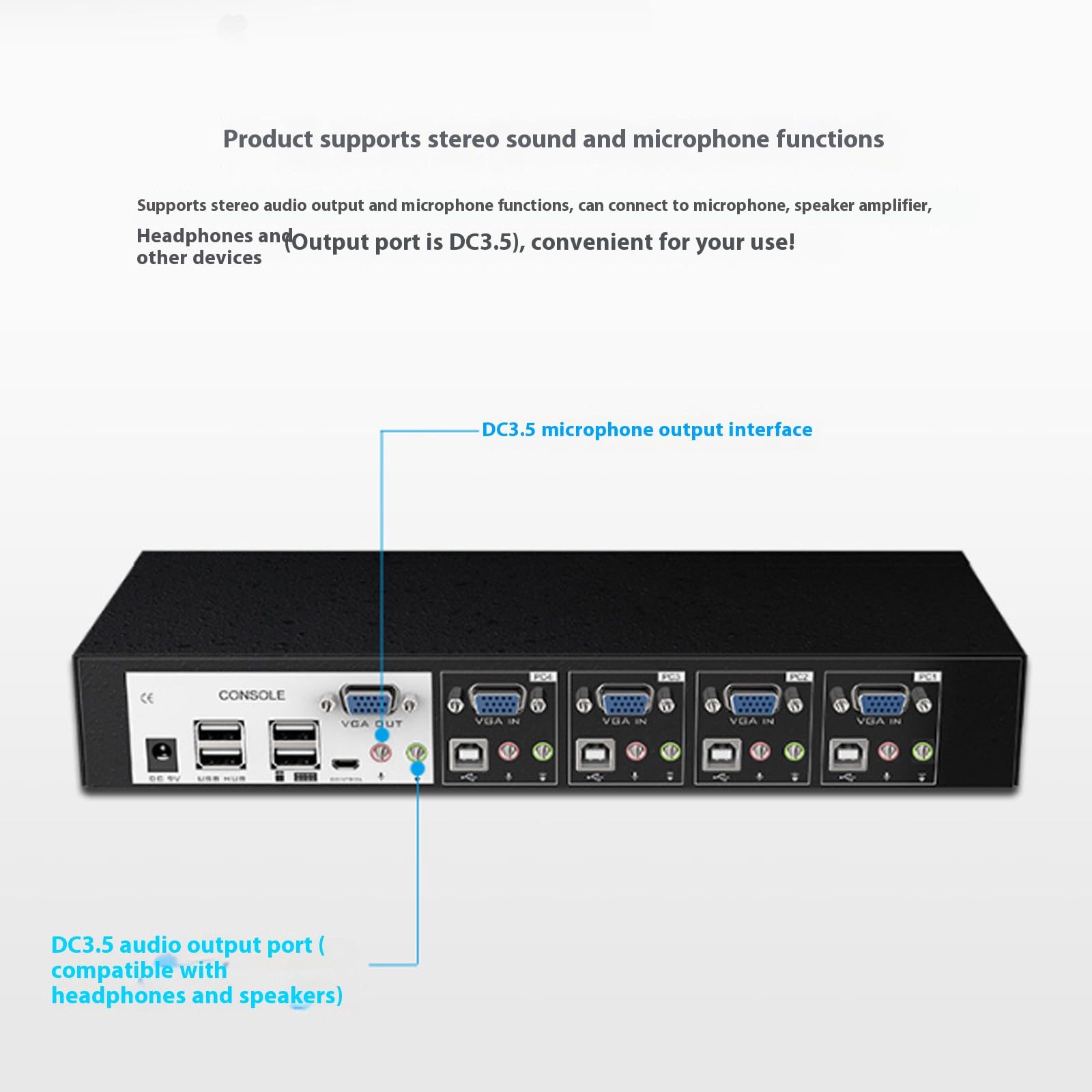 Cambio KVM professionale a 4 porte che evidenziano la tecnologia di schermatura Capacità di azione continua con suono stereofonico e estrema tolleranza alla temperatura contro le perdite KVM